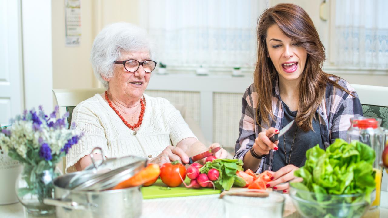 Young woman sitting next an elderly woman in her kitchen chopping vegetables