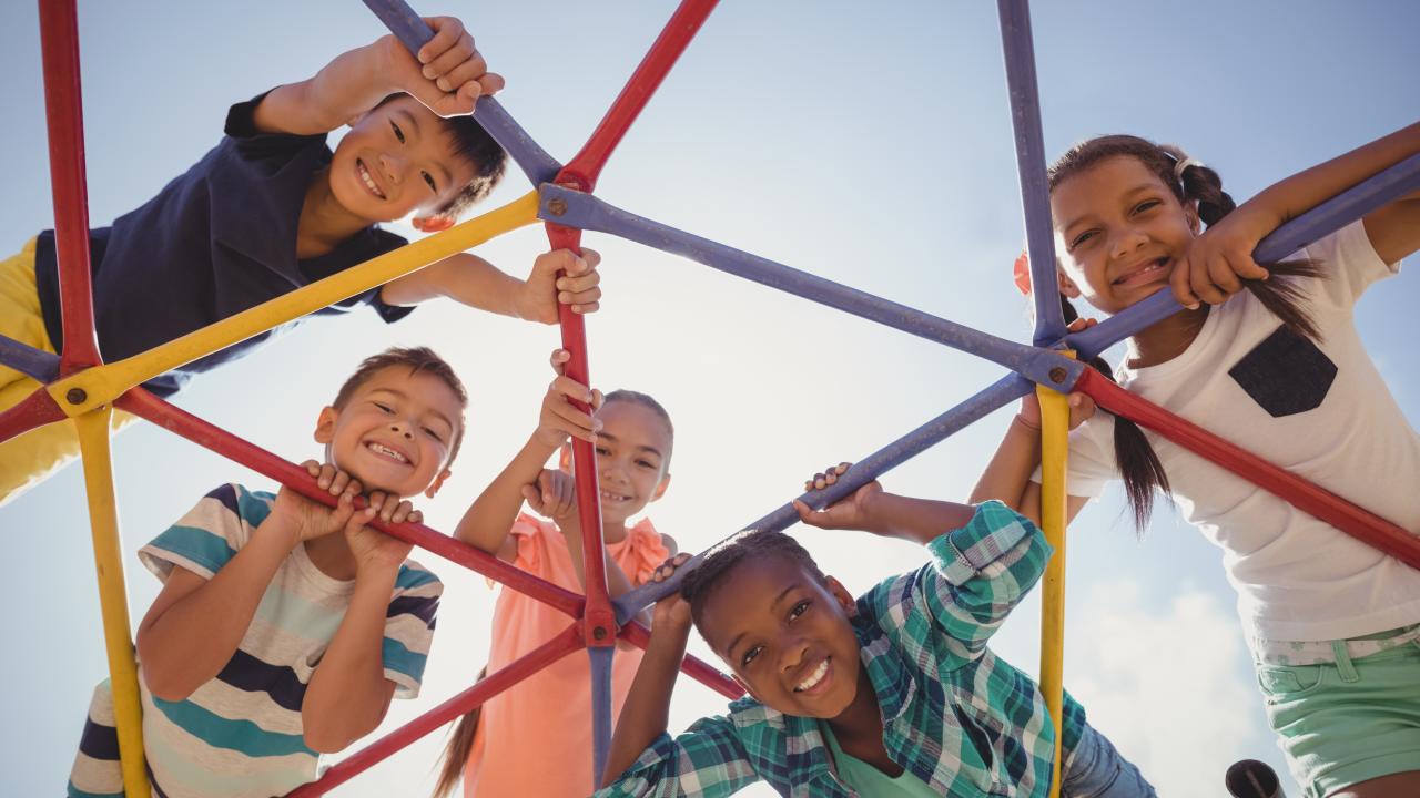 Children looking down through a jungle gym