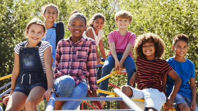 A group of children sitting on top of a jungle gym